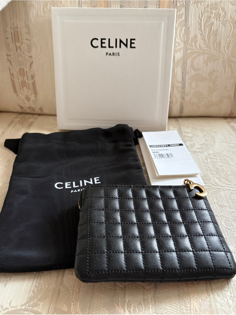 NWT Celine Black Quilted Leather Zip Card Pouch with Gold Hardware